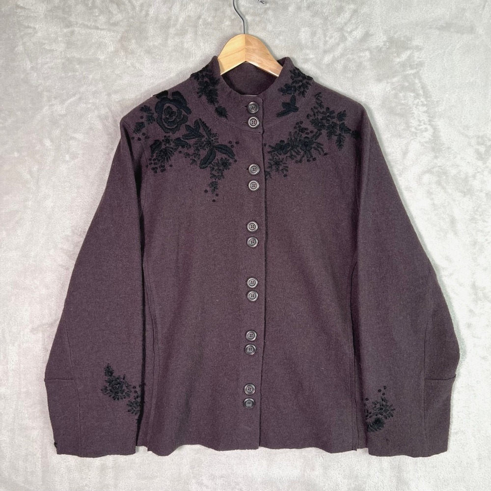 J. Jill Wool Jacket Brown Embroidered Black Floral Boho Button Front 2X Artsy